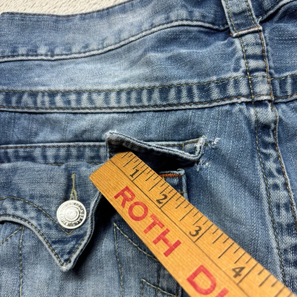 True‎ Religion Slim Fit Blue Denim Jeans Mens 31x33 Flap Pockets Whiskering Fade